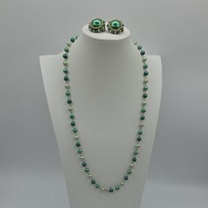 Vintage Japan Green Beaded Necklace and Earring Set